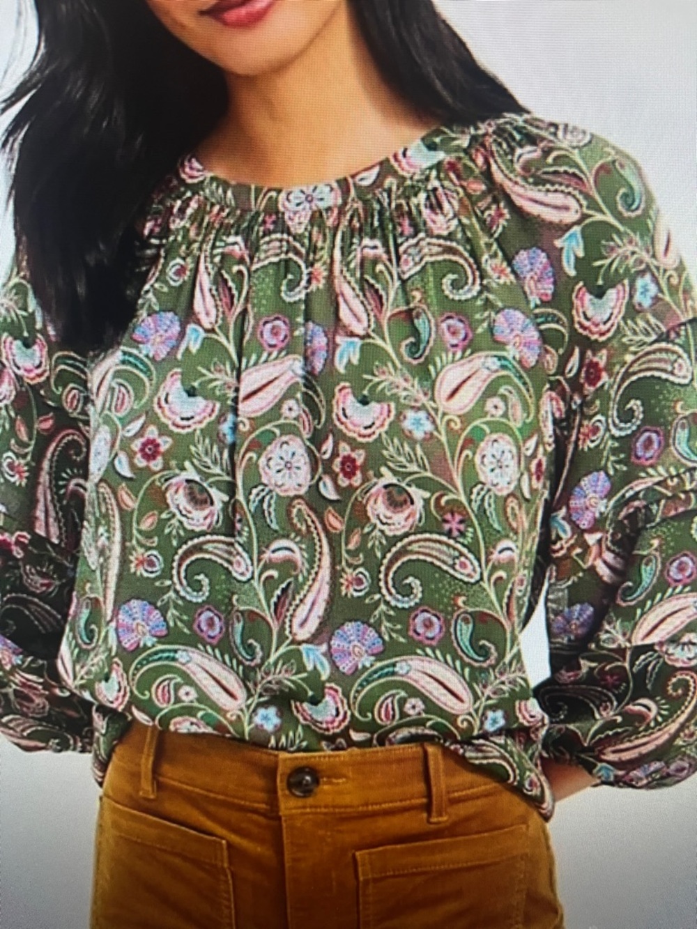 Loft Paisley Balloon Sleeve Green Floral Blouse Top Size Large 2023 Collection